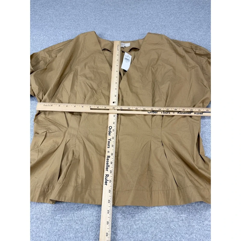 LOFT Women XXL Tan Khaki Cotton V-Neck Peplum Button Front Puff Sleeve Blouse